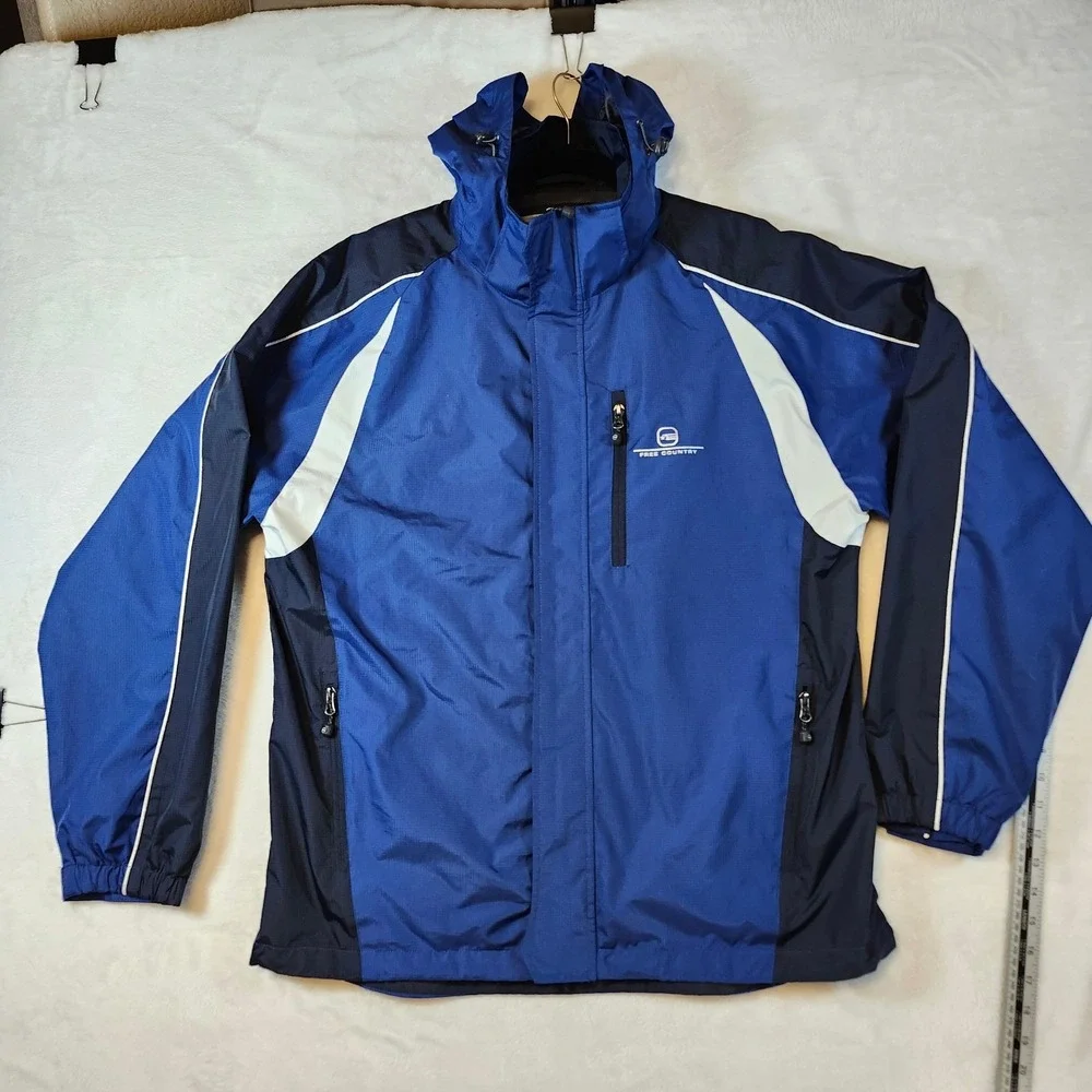 Free‎ Country Mens Blue Colorblock Hooded Windbreaker Jacket Water Resistant L